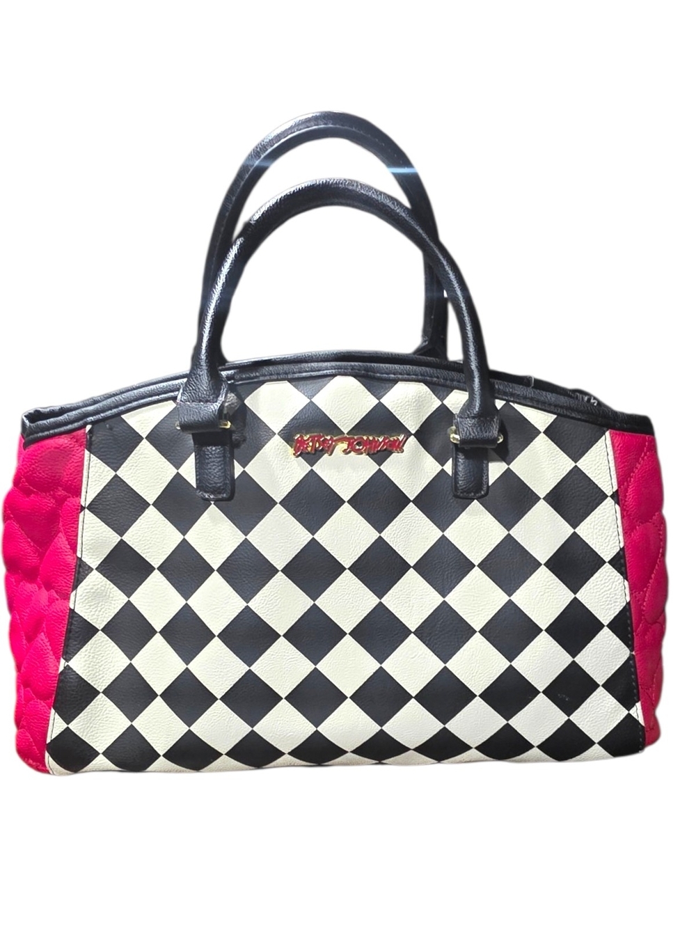 Betsey Johnson Black & White Diamond Check Satchel with Pink Side Panels